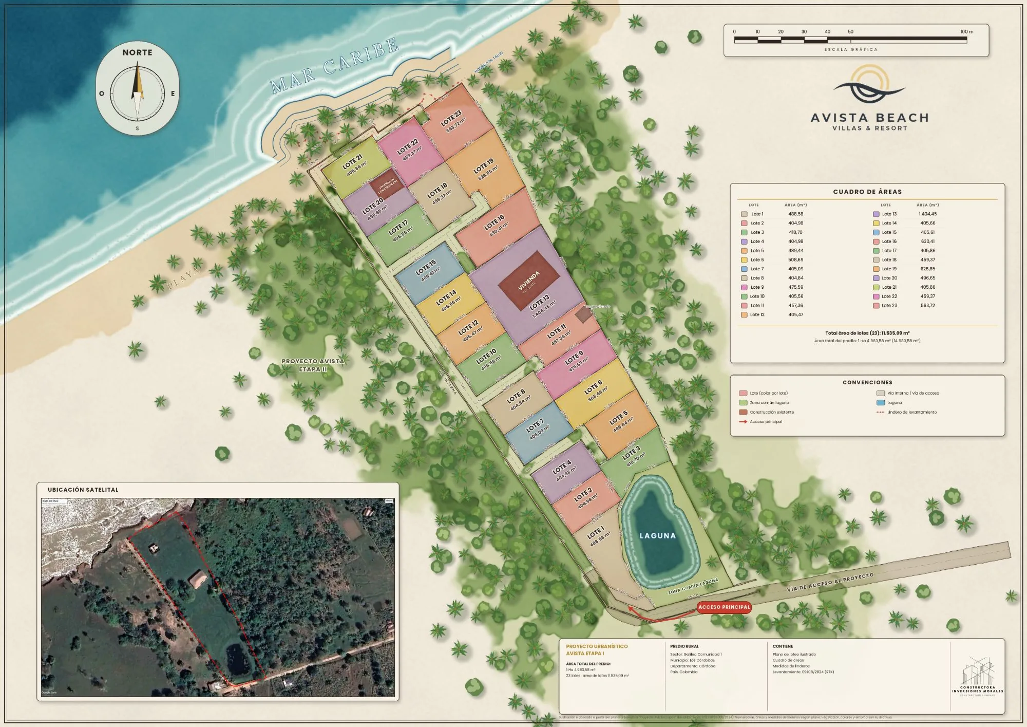 Plano urbanístico de Avista Beach Etapa I: 23 lotes entre el mar Caribe y la laguna, con vía interna y acceso principal
