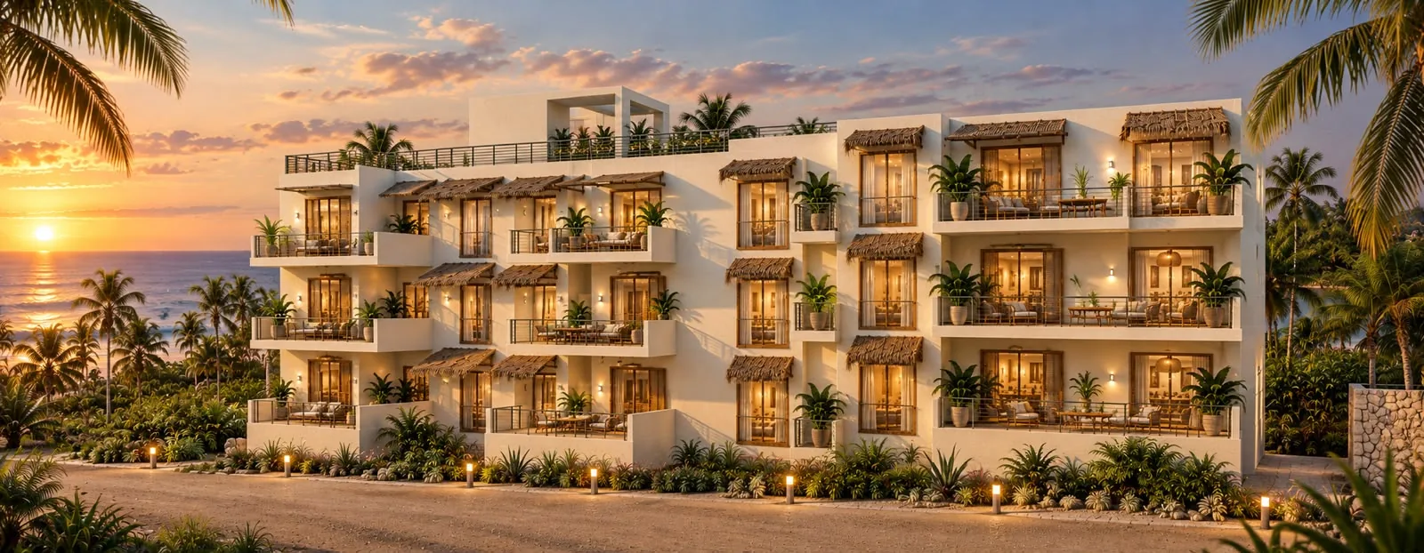 Render de la fachada del edificio principal con balcones y el mar Caribe al atardecer