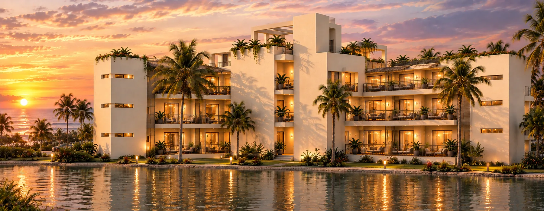Render del edificio principal de Avista Beach frente a la laguna al atardecer