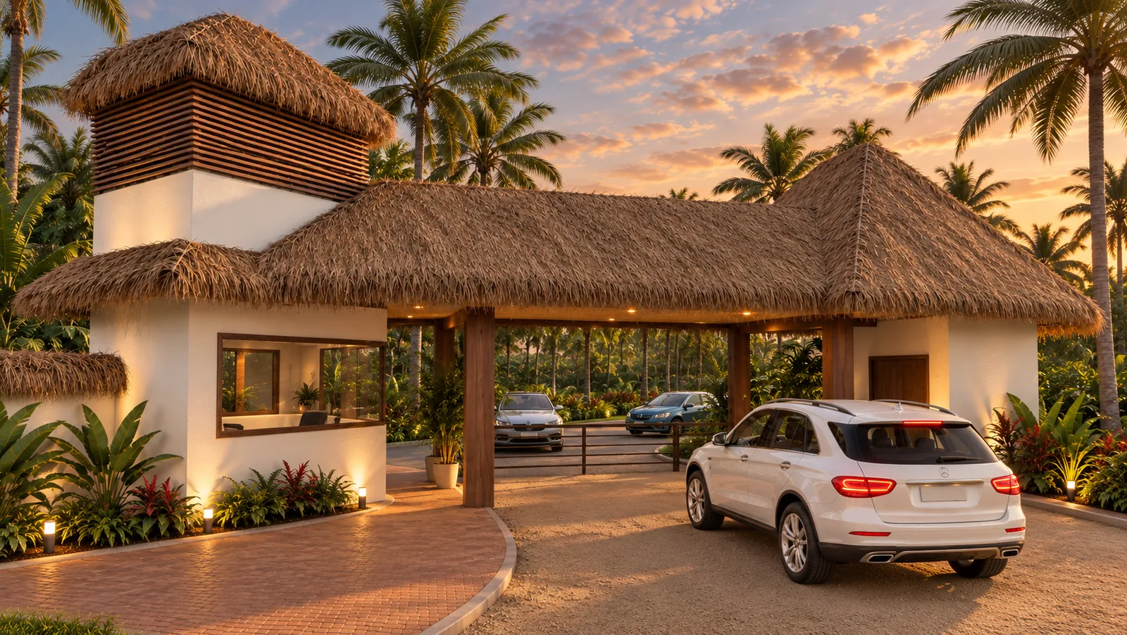 Portería de Avista Beach con cubierta de palma y acceso controlado al atardecer